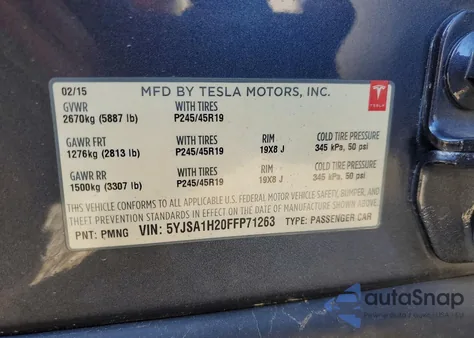 2015 Tesla Model S 85D z USA, uszkodzony, nr VIN 5YJSA1H20FFP71263